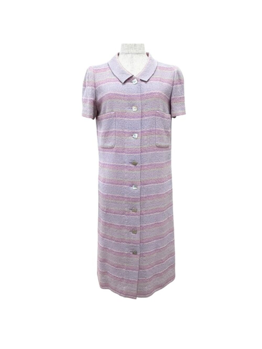Chanel 00C Wool Square Logo Button Short Sleeve Tweed Dress Purple Green 38